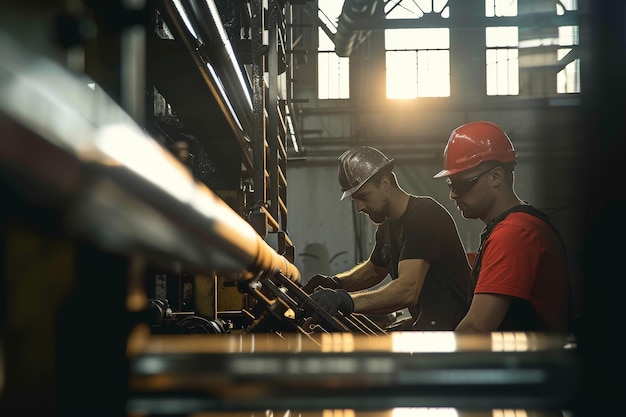 Photo metal workers cooperating while working in aluminum mill