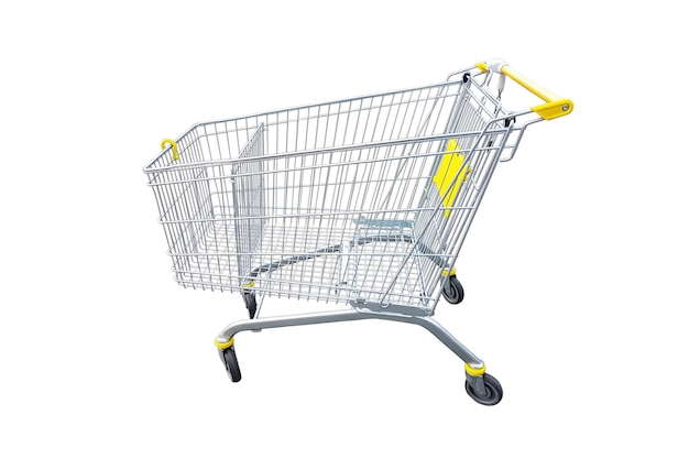 Metal yellow empty shopping cart isolated on a white background