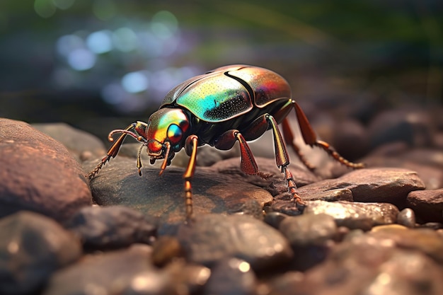 A metallic beetle crawling over a colorful rock created with generative ai