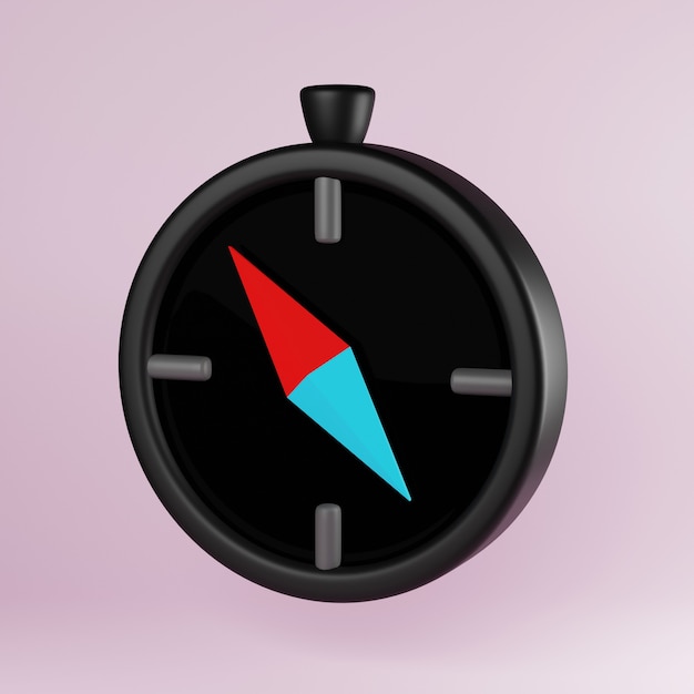 Metallic black compass with a magnetic arrow on a pink background 3d illustration