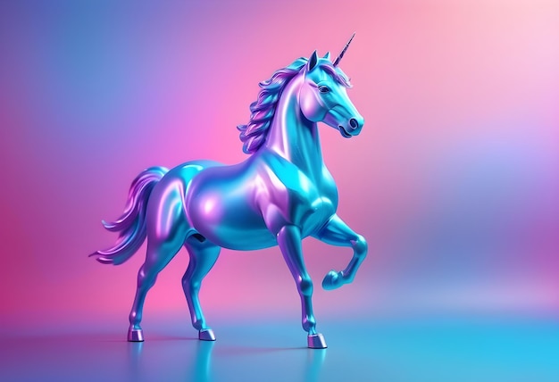 Metallic Blue Unicorn Standing on Gradient Background