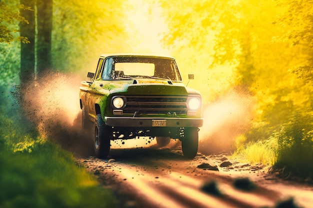 A metallic bronze pickup truck kicks up dust on a country road