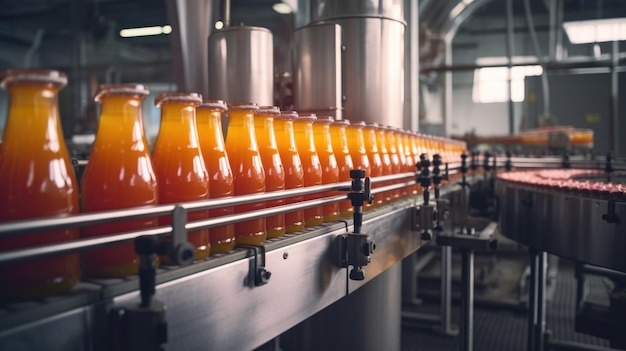 Metallic Conveyor in the production of juice sweet water orange bottles in the factory natural product generated ai