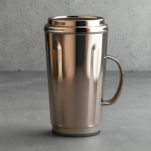 a metallic cup with a handle that says  the word  on it