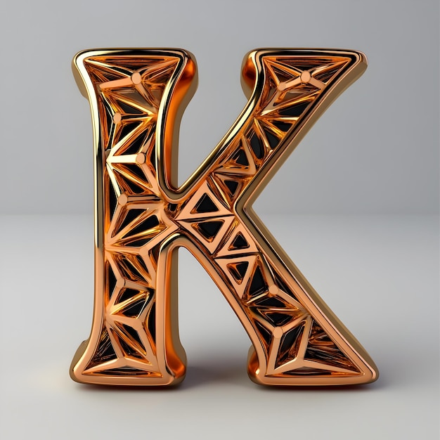 Photo metallic gold 3d letter k with intricate geometric patterns on white background