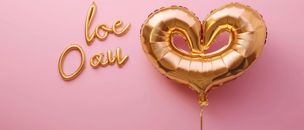 Metallic gold love text balloon on pink background with copy space Happy Valentines Day greeting card Realistic 3d Balloons inscription Love Love and wedding