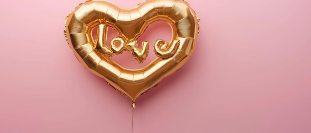 Metallic gold love text balloon on pink background with copy space Valentine39s day celebration concept