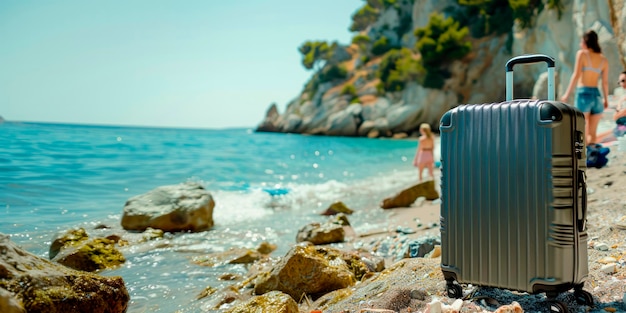 Metallic gray suitcase on the beach next to the ocean