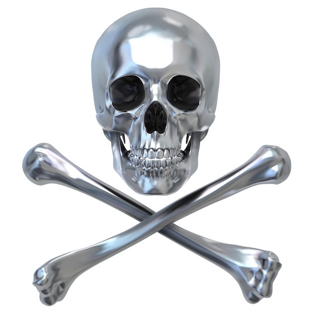 Metallic human skull with crossed bones on white background