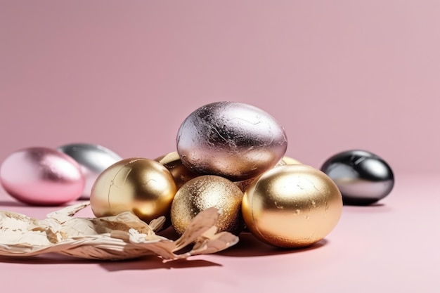 Metallic ornaments on a pink background Generative AI