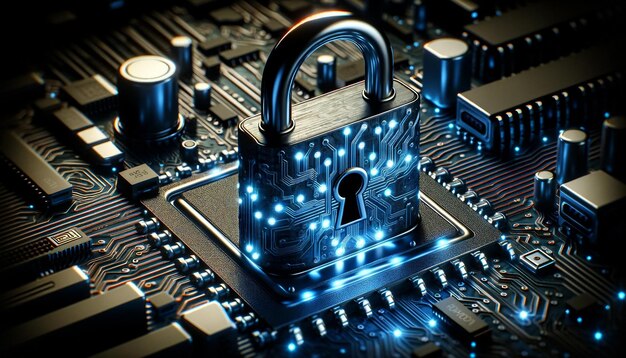 Metallic Padlock on Glowing Circuit Board Cybersecurity Concept