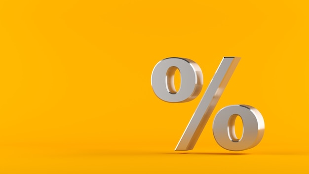 Metallic percentage isolated on a dark background. Silver percentage sign on a yellow background, 3d render.