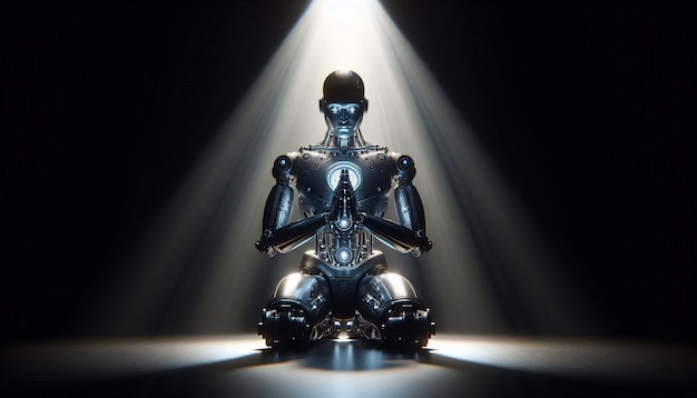 Photo a metallic robot in a meditative pose is illuminated by a spotlight in a dark setting the robots b