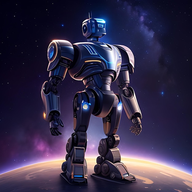 A metallic robot standing tall and proud against a backdrop of stars and galaxies ai generated