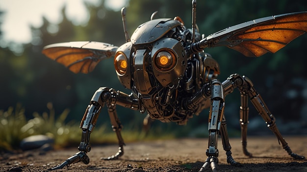 Photo a metallic robotic insect with glowing eyes stands on a dirt path in a forest