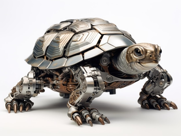 A metallic robotic turtle on a white background