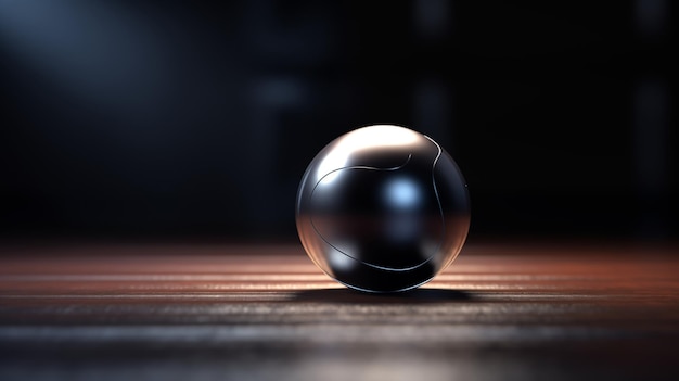 Photo metallic shiny sphere on dark surface with subtle spotlight