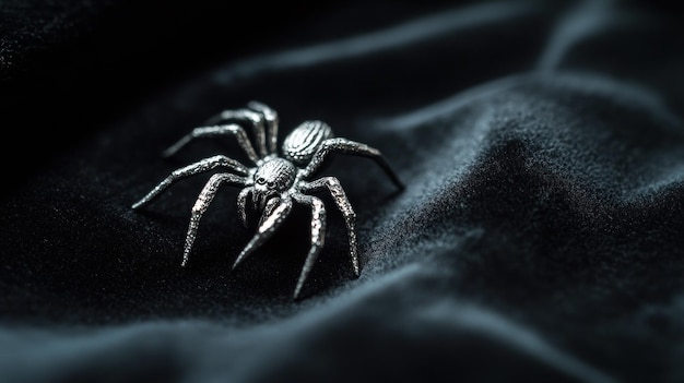 A metallic spider rests on a soft dark surface showcasing intricate details