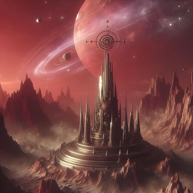 Metallic spires jut from a rugged terrain shrouded in a veil of swirling cosmic dust as a mysterio