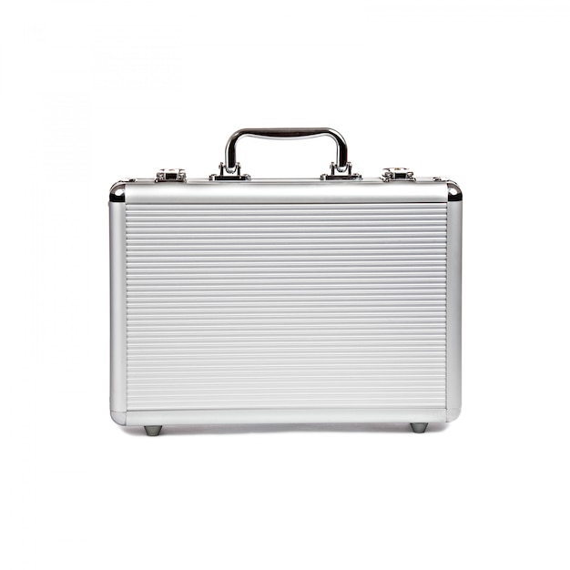 Metallic suitcase on white background