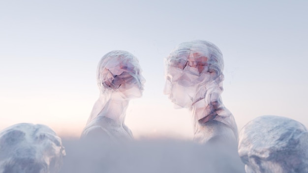 Photo metaphorical dialogue and exchange of thoughts two crystal heads in the clouds are talking to each