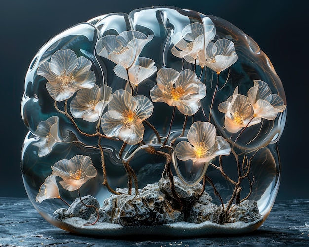 Metaphorical Neurons Glowing Flowers Wilt in Minimalist Brain Terrarium