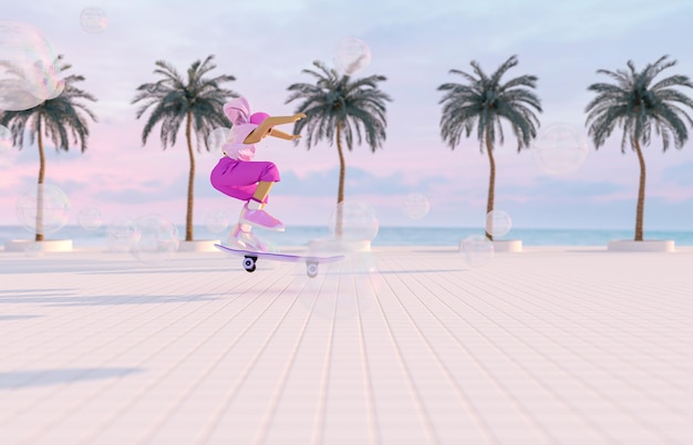 Metaverse avatar girl skateboarding in the virtual summer beach view scene Future sports game