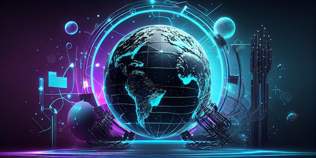 Metaverse digital world cyber space 3D rendering background neon colorful global world in cyber