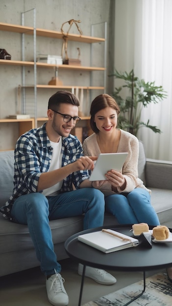 Metaverse Futuristic Concept Young Man and Woman Using Augmented Reality and Tablet to Buy a Fancy