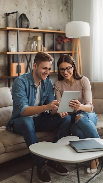 Metaverse Futuristic Concept Young Man and Woman Using Augmented Reality and Tablet to Buy a Fancy