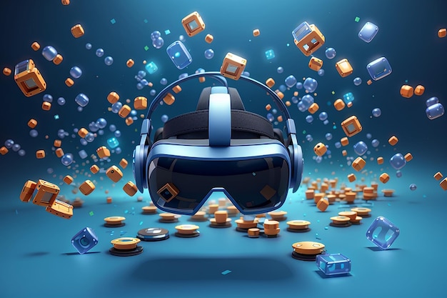 Metaverse technology future 3d concept vr virtual reality headset with floating objects around for playing a video game isolated blue background 3d vector render with metaverse futuristic concept