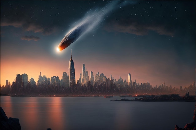 A meteor is flying over a city and the sky is lit up by the sun