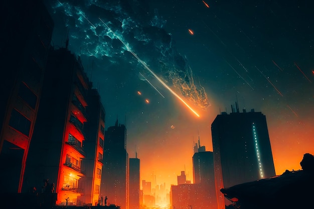 The meteor's path cuts through the city's smog providing a glimpse of the starry sky