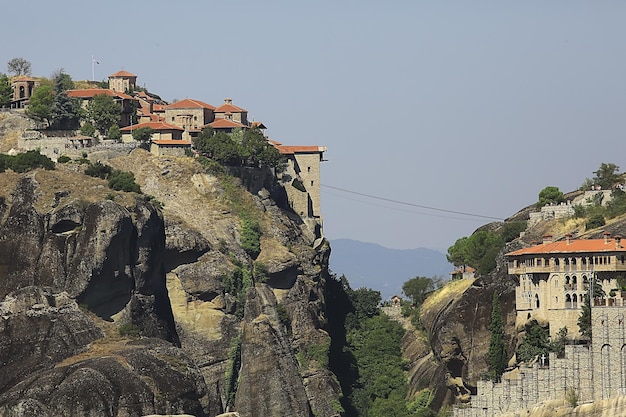 Meteora greece monastery landscape, orthodox monastery in the mountains, christianity, faith view