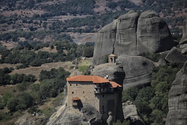 Meteora greece monastery landscape, orthodox monastery in the mountains, christianity, faith view