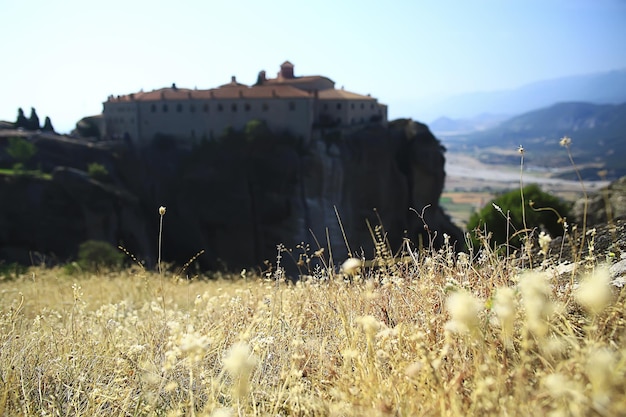 Meteora greece monastery landscape, orthodox monastery in the mountains, christianity, faith view