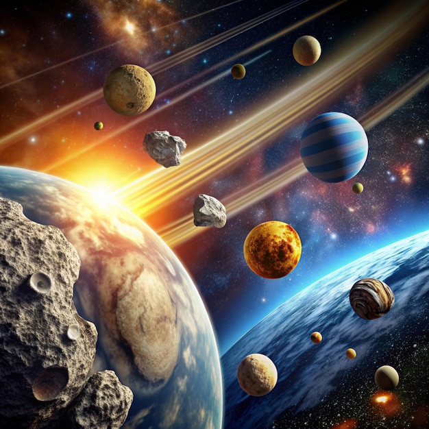 Meteorites in deep space planets Asteroids in distant solar system Science fiction concept Elements of this image furnished by NASA