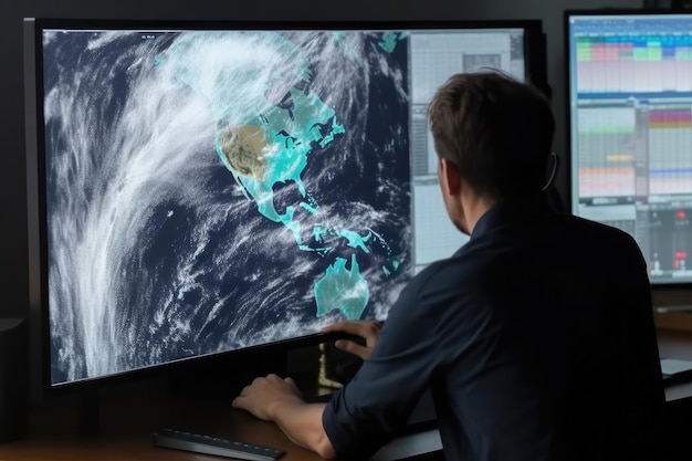 Meteorologist monitoring weather forecast at monitor screen Generative AI