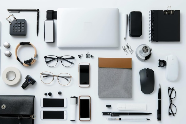 Photo meticulous arrangement of modern office essentials like laptops phones glasses and notebooks on a white surface reflecting organization and productivity