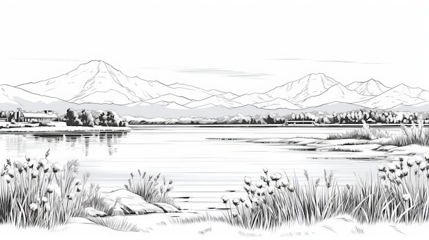 Meticulous Black And White Lake And Mountain Illustration