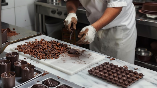 Photo meticulous chocolatier crafting and tempering fine chocolate in a professional kitchen