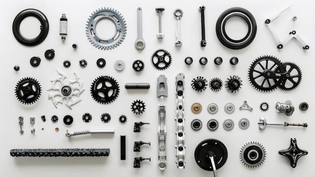 A meticulously arranged collection of black and silver bicycle parts including gears chains and bolts laid out on a white surface for a striking contrast