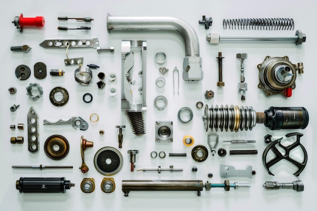 Photo a meticulously arranged collection of mechanical parts displayed neatly on a white surface illustrating the complexity and precision of engineering components