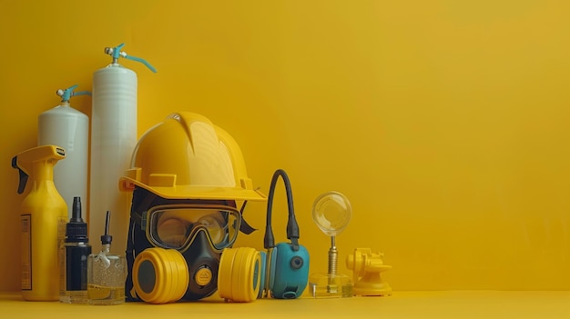 A meticulously arranged collection of protective safety equipment in yellow essential for hazardous