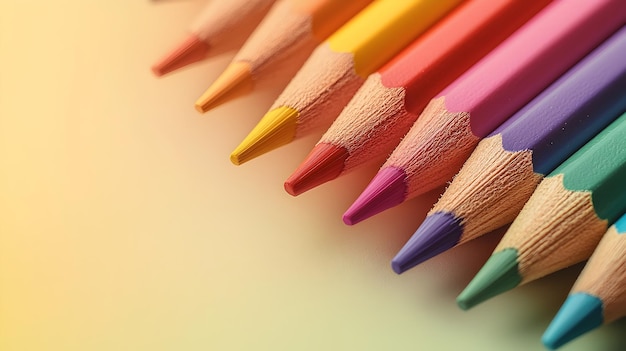 Photo meticulously arranged colored pencils on soft cream background