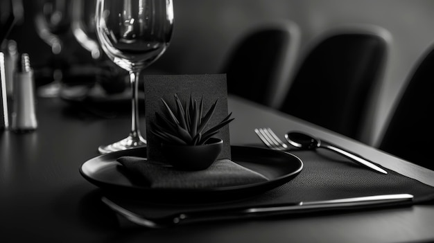 Photo a meticulously arranged dining experience showcases sleek tableware an artistic plant centerpiece and soft lighting promising a sophisticated culinary adventure