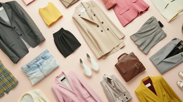 Photo a meticulously arranged flat lay of various clothing items and accessories highlighting a palette of soft and pastel colors suitable for every occasion