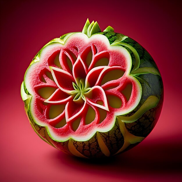 Photo meticulously carved watermelon displays striking geometric against neutral background