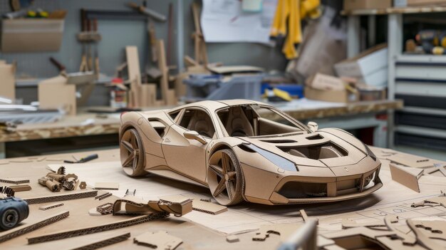 A meticulously crafted cardboard model of a luxury sports car stands proudly on a cluttered workshop table surrounded by scattered pieces of cardboard