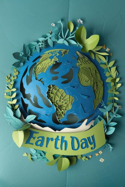 Photo a meticulously crafted paper art piece depicting earth amidst a lush leafy frame with earth day